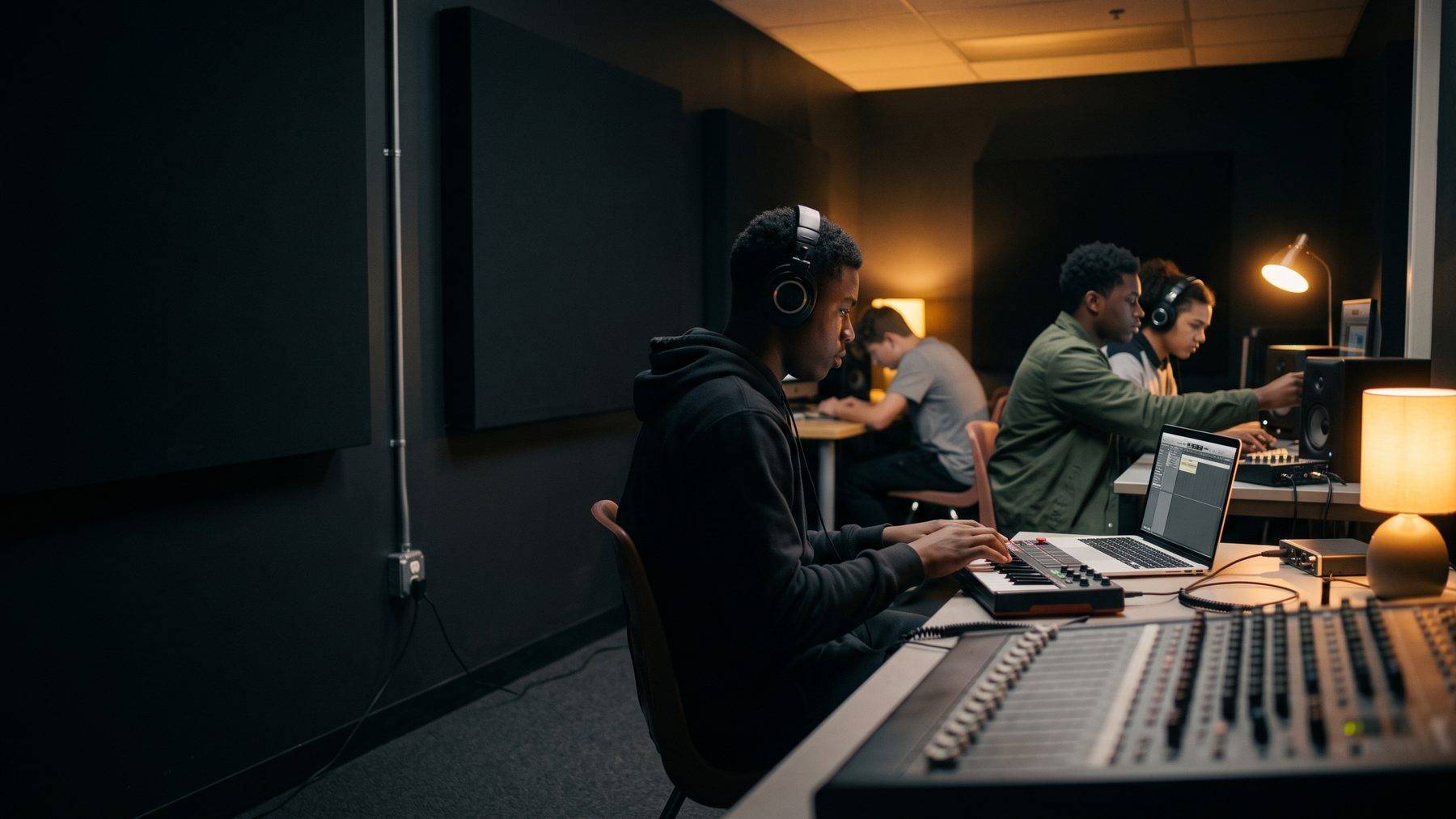 Students producing music in a school beat lab