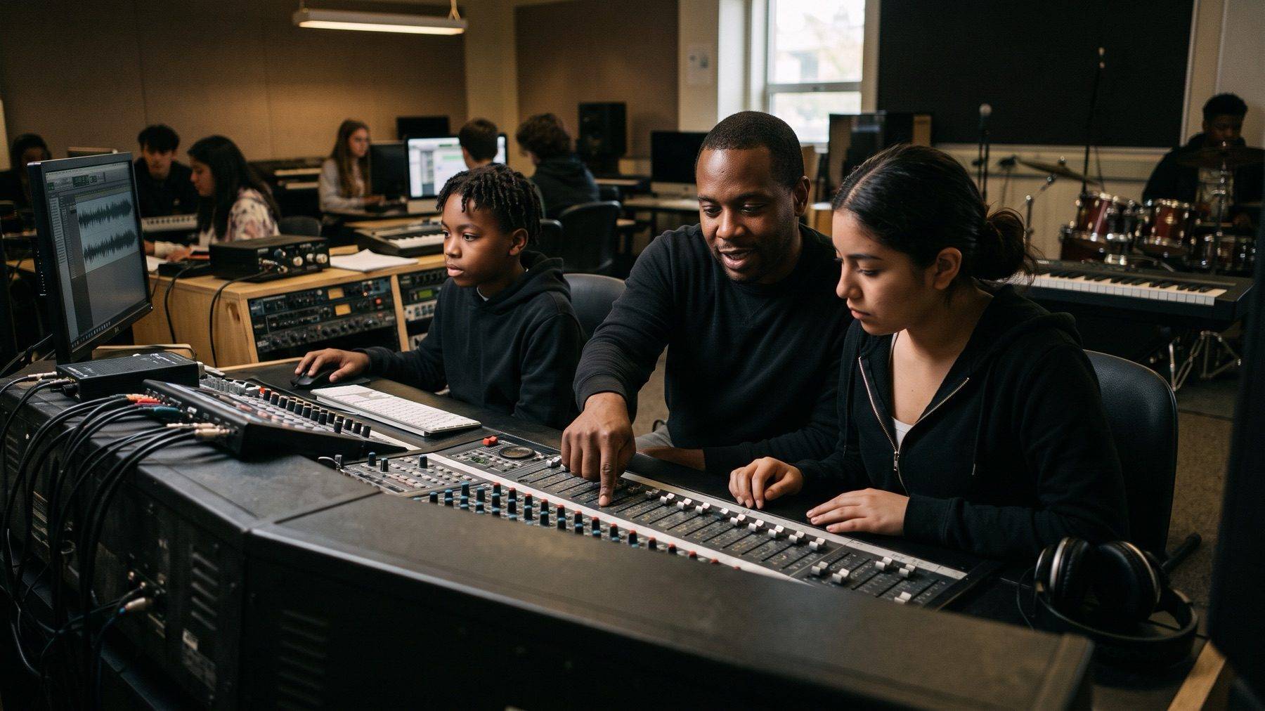 A mentor showing students how to use a mixing console in a school studio