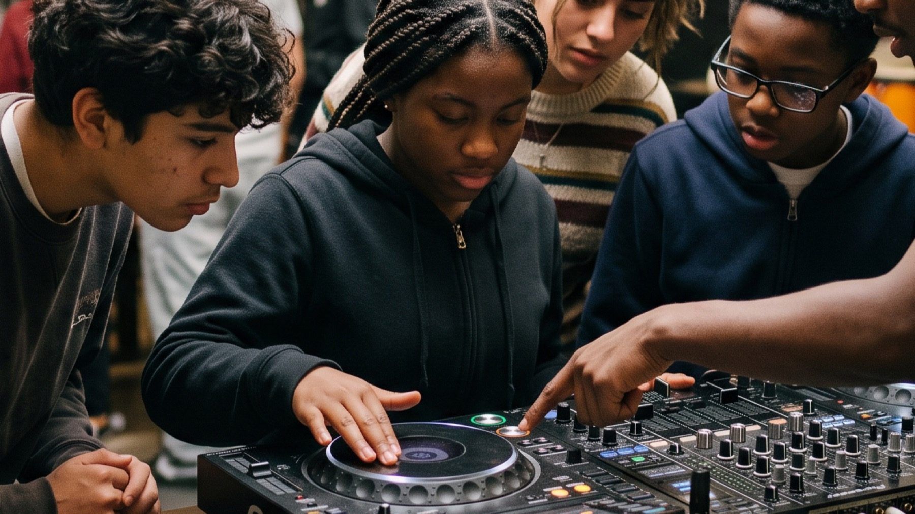 Teenagers learning to DJ together on a controller